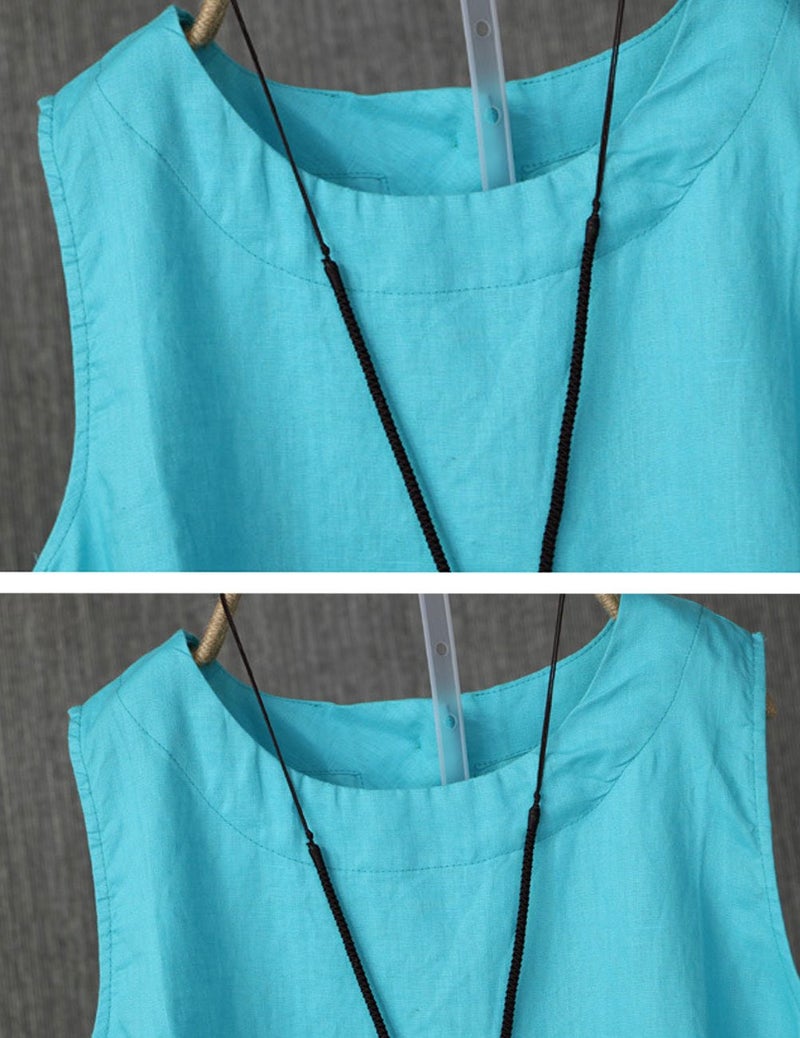 IXIMO Women's 100% Linen Sleeveless Tank Tops Summer Shirts Casual Blouses Blue2 XXL - Image 2